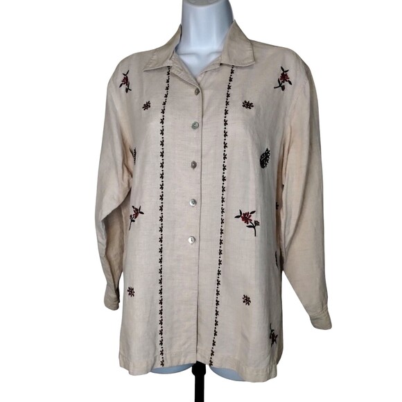 Talbots Linen/Cotton Women's Petite Large Beige Embroidered Button-Up Shirt - Picture 2 of 11